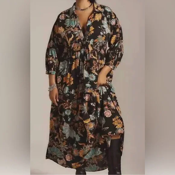 ANTHROPOLOGIE THE CAROLITA PRINTED TIERED MAXI DRESS SIZE S BLACK MOTIF NWT - Picture 3 of 14